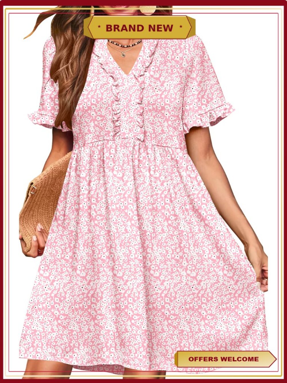 UVN Women V Neck Short Sleeve A Line Sundress with Pockets